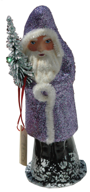 Santa, Lavender Glitter Coat Paper Mache Candy Container by Ino Schaller