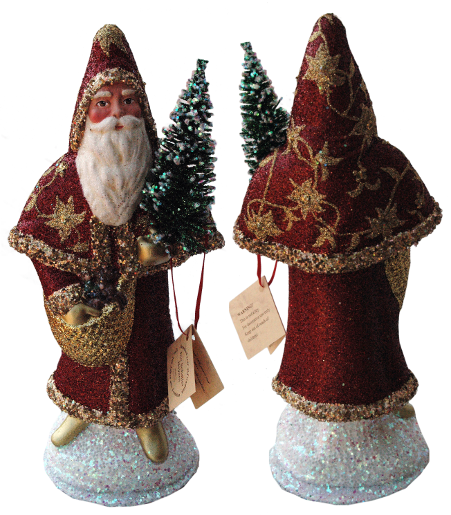 Santa, Red Glitter Coat with Gold Vine and Gemstones Paper Mache Container by Ino Schaller