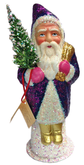 Santa, Purple Coat on White Base Paper Mache Candy Container by Ino Schaller