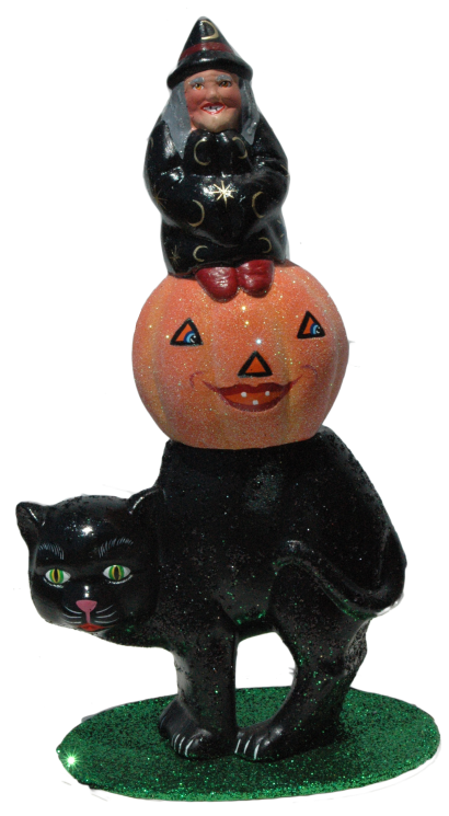 Cat, Black with Pumpkin and Witch Paper Mache Candy Container by Ino Schaller
