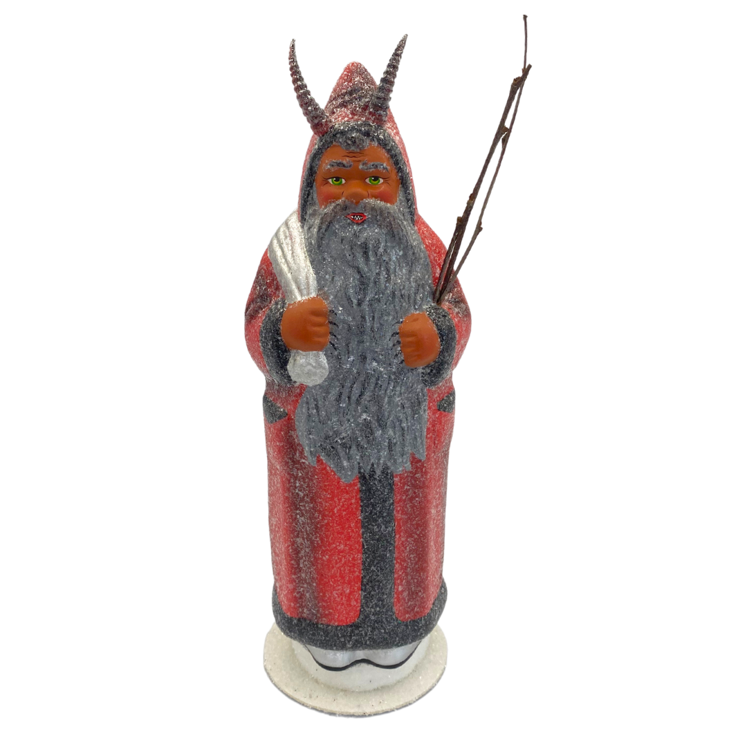 Krampus Candy Container with Switches, red frosted with silver bag by Ino Schaller