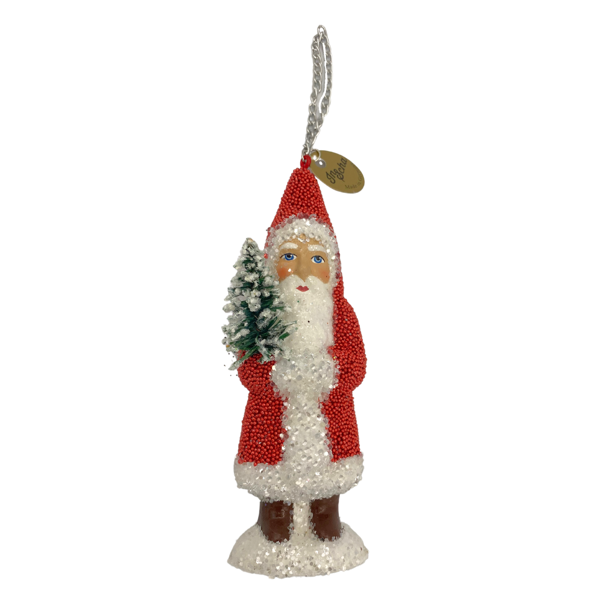 Santa with Tree, Papier Mache Ornament, light red beaded by Ino Schaller