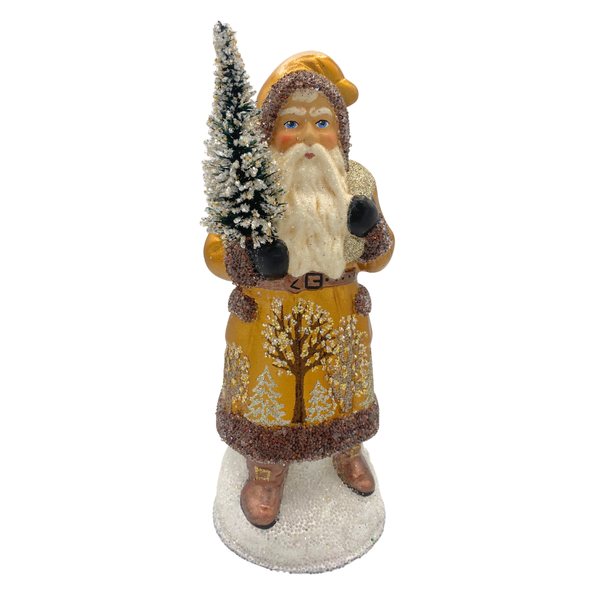Gold Coat Santa with Trees and Brown Bead Trim by Ino Schaller