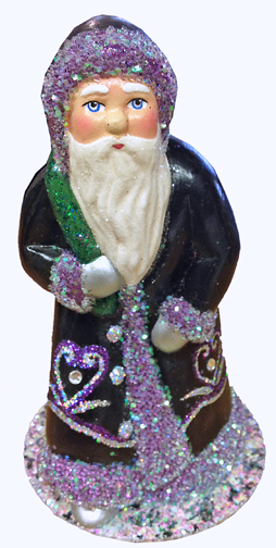 Santa with Purple Coat and Green Bag Paper Mache Candy Container by Ino Schaller