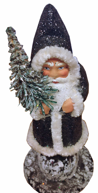 Santa in Black Coat with Chenille Trim Paper Mache Candy Container by Ino Schaller