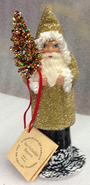 Gold Beaded with Chenille Cuffs Santa Paper Mache Candy Container by Ino Schaller
