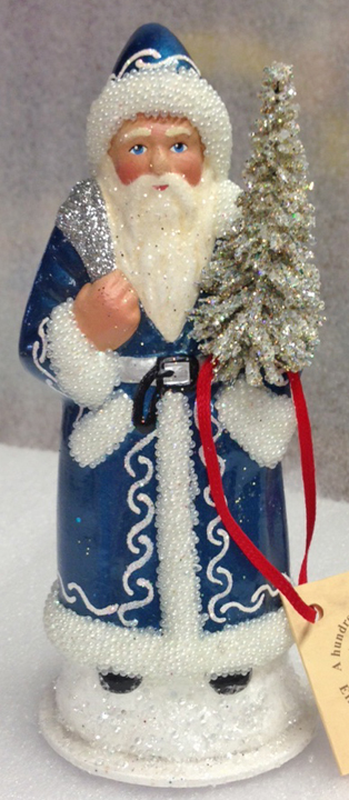 Dark Ice Blue Edged with White Beads Santa Paper Mache Candy Container by Ino Schaller