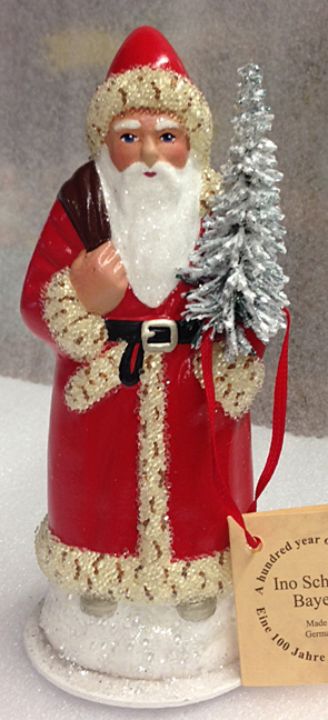 Red with Cream Ermine Edge Santa Paper Mache Candy Container by Ino Schaller