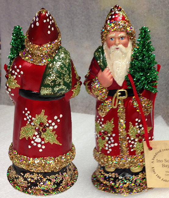 Red with Holly Leaves Santa Papier Mache Candy Container by Ino Schaller