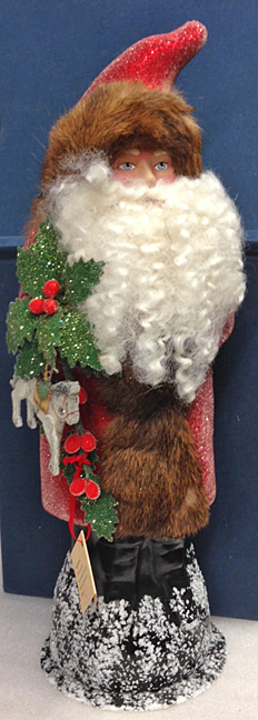 Red Beaded Coat Santa with Holly Papier Mache Candy Container by Ino Schaller