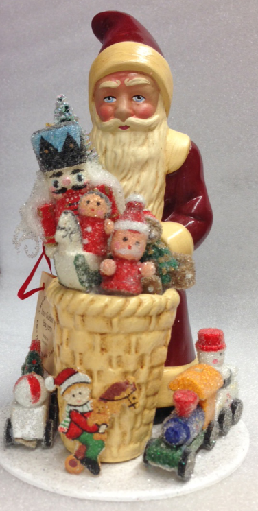 Old Red Coat Santa with Basket Paper Mache Candy Container by Ino Schaller