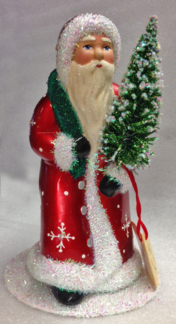 Santa Walking in Red Coat with White Snowflakes Paper Mache Candy Container by Ino Schaller
