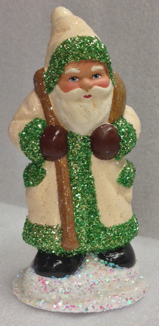 Cream Coat with Green Trim Santa Papier Mache Candy Container by Ino Schaller
