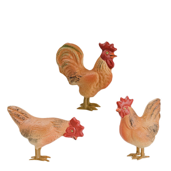 Chickens, brown on Tin legs, group of 3, 11-12cm scale by Marolin Manufaktur