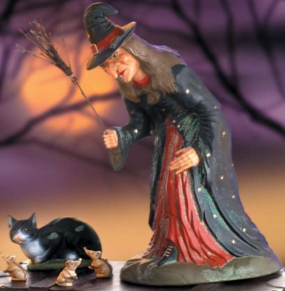 Spell Bound - Witch, Black Cat, and Mice Paper Mache Figurines