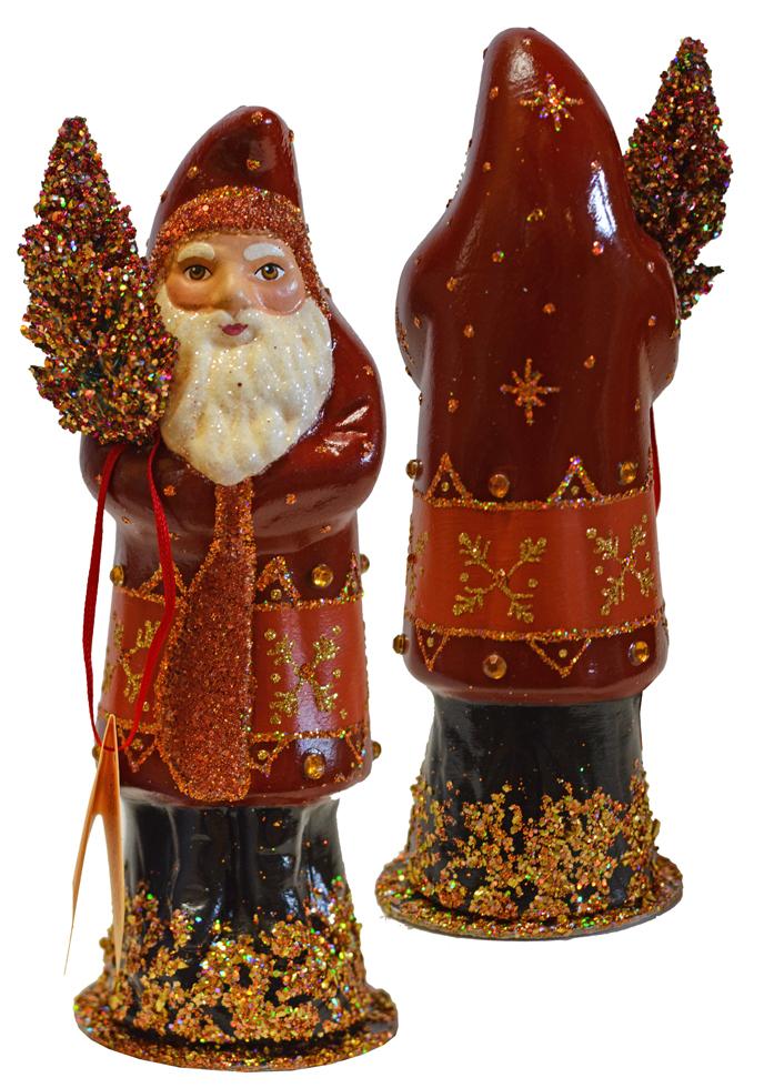 Santa Old, Red/Rust Colored with Gold Accents Paper Mache Candy Container by Ino Schaller