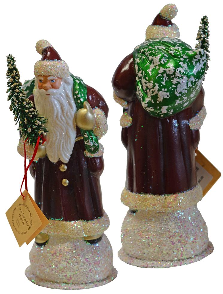 Santa Old Red with Green Bag Papier Mache Candy Container by Ino Schaller