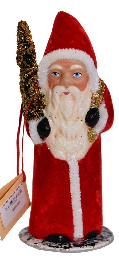 Santa, Flocked Red Coat with Gold Bag Paper Mache Candy Container by Ino Schaller