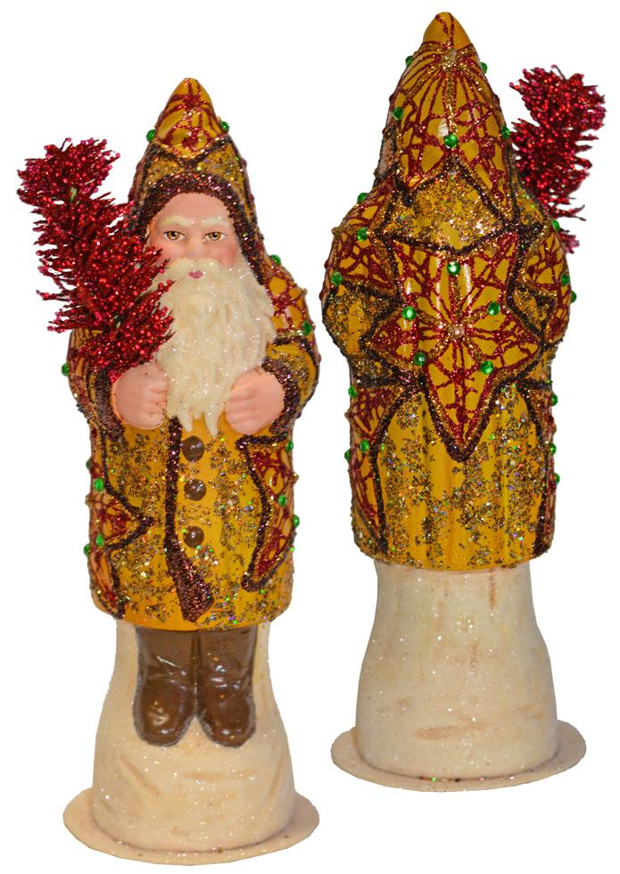 Fancy Star Decorated Santa with Red Tree, One of a Kind Papier Mache Candy Container by Ino Schaller