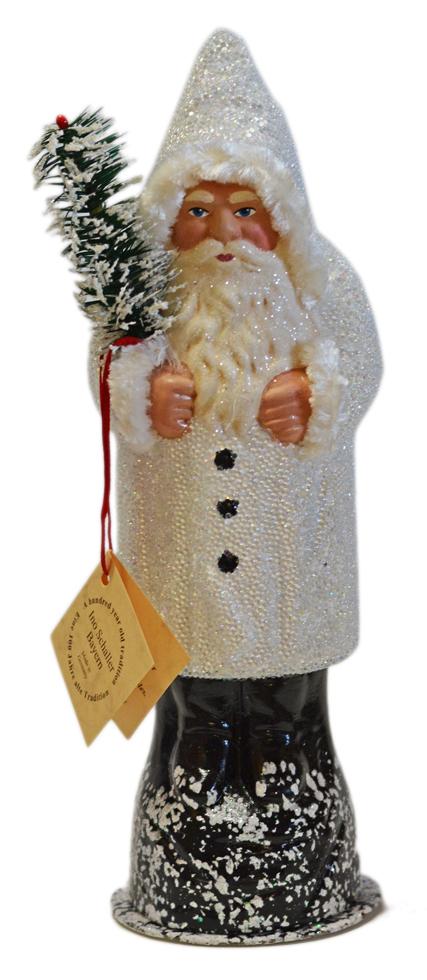 White Santa with Chenille Trim, One of a Kind Paper Mache Candy Container by Ino Schaller