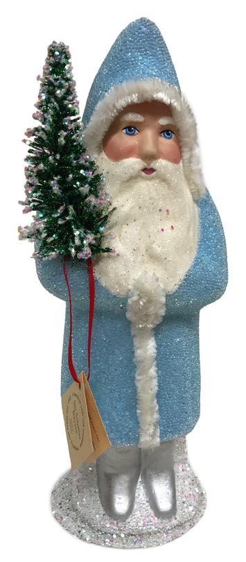 Pastel Blue Beaded Santa, One of a Kind Paper Mache Candy Container by Ino Schaller