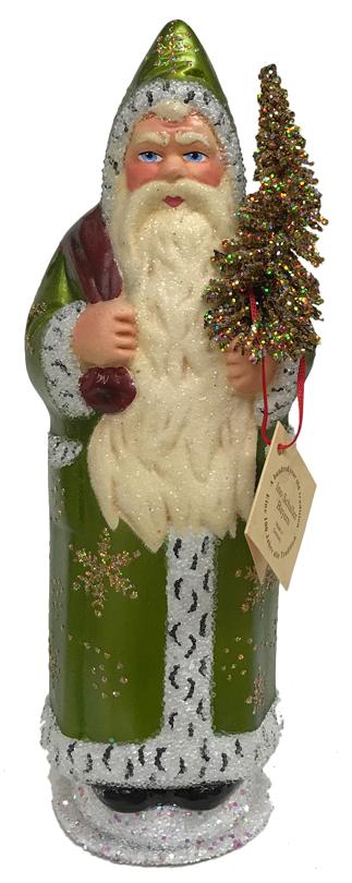 Green with Gold Stars Santa, One of a Kind Papier Mache Candy Container by Ino Schaller