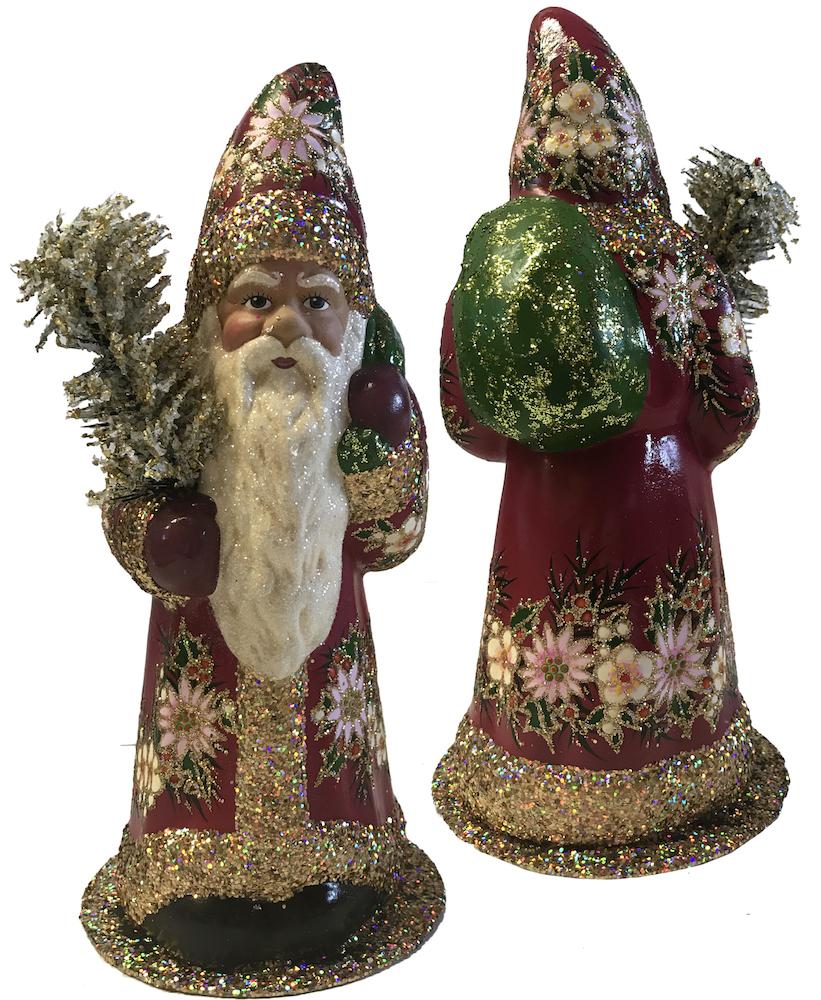 Fuchsia Santa with Flower Decor, Papier Mache Candy Container by Ino Schaller