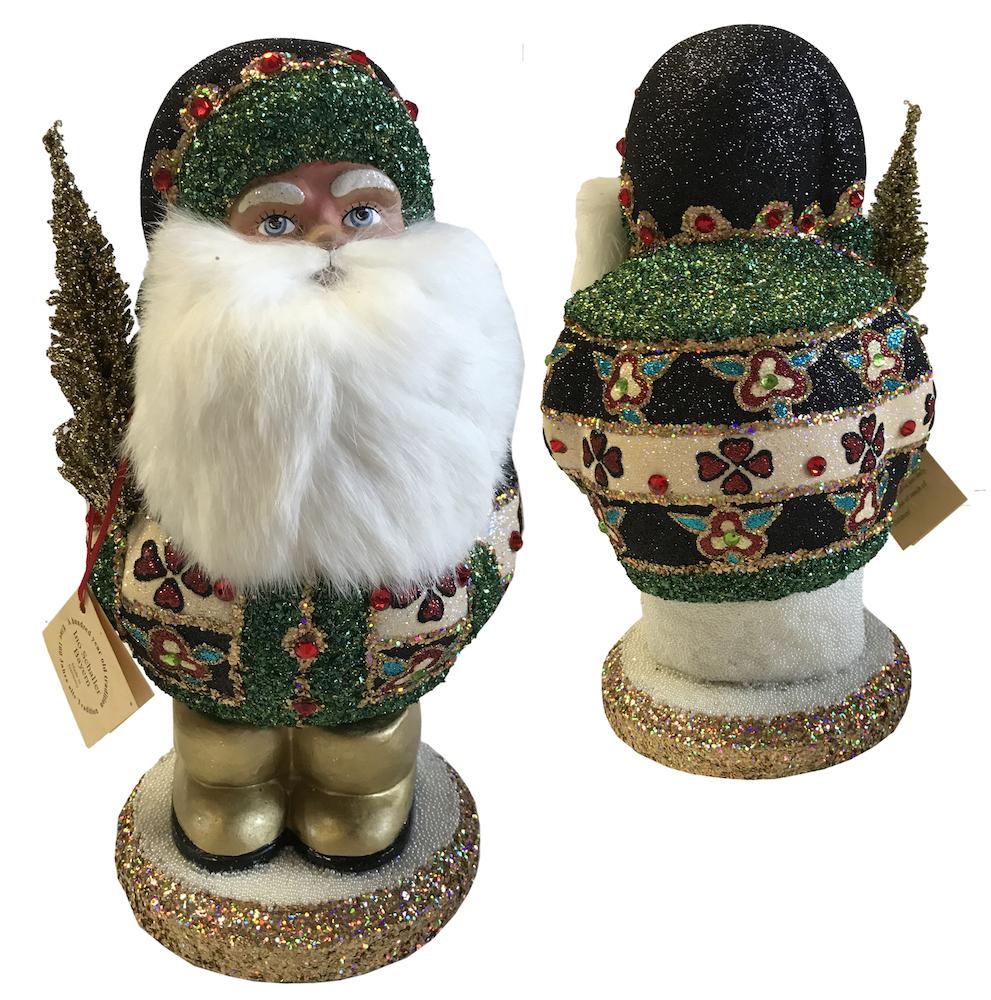 Chubby Santa, Black with Decor and Fur Beard Papier Mache Candy Container by Ino Schaller