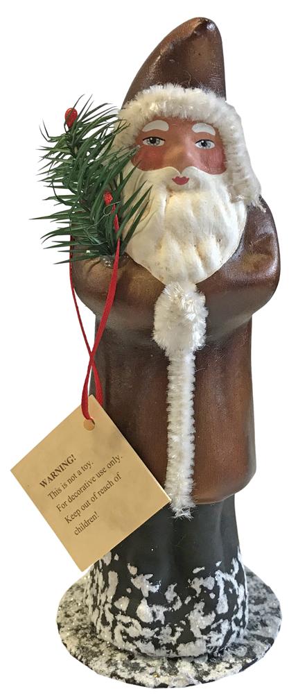 One of a Kind Brown Coat Santa, Papier Mache Candy Container by Ino Schaller