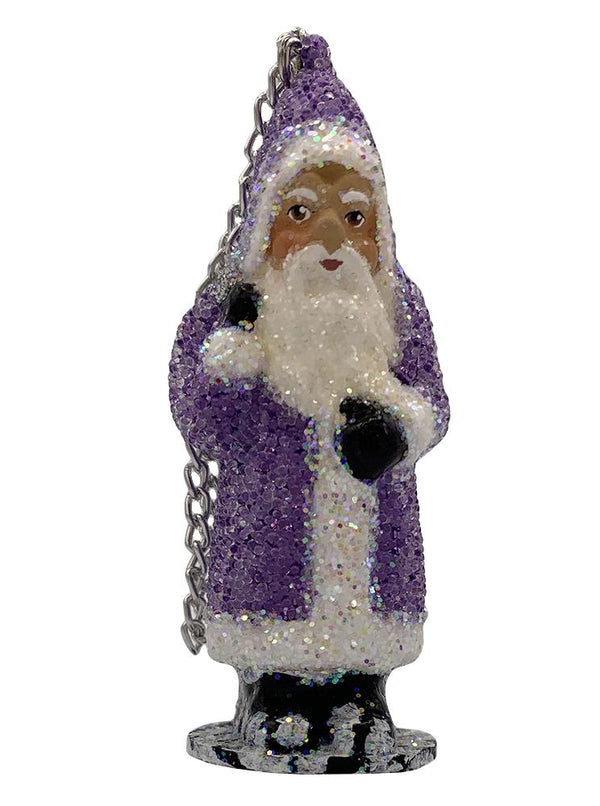 Santa with Tree, Papier Mache Ornament, clear beaded purple with glitter trim by Ino Schaller