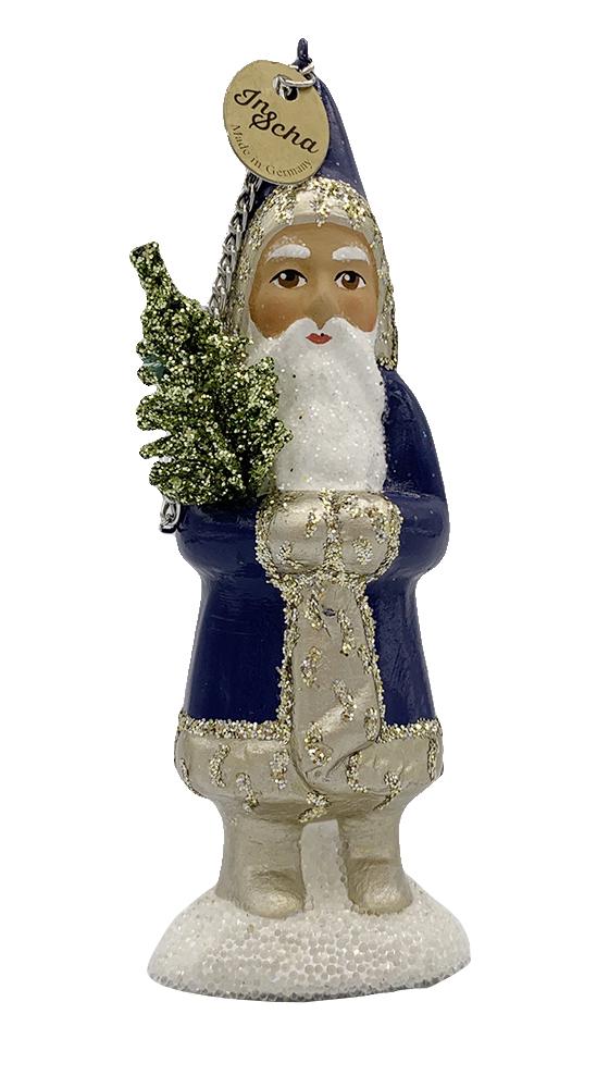 Santa with Tree, Papier Mache Ornament, navy blue with soft gold by Ino Schaller
