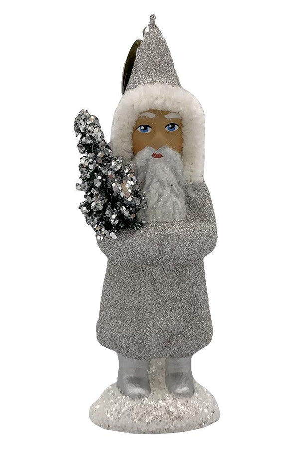 Santa with Tree, Papier Mache Ornament, silver with white chenille trim by Ino Schaller