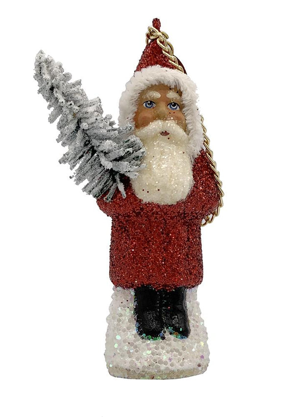 Santa with Tree, Papier Mache Ornament, red glitter with chenille trim by Ino Schaller