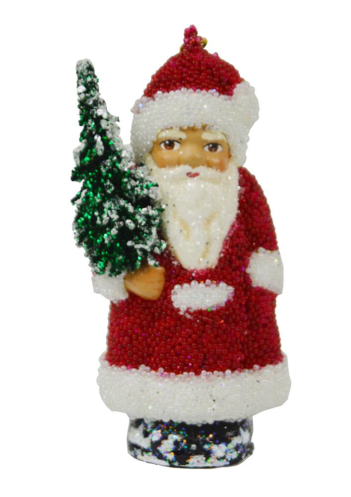 Santa with Tree, Papier Mache Ornament, red and white beaded by Ino Schaller