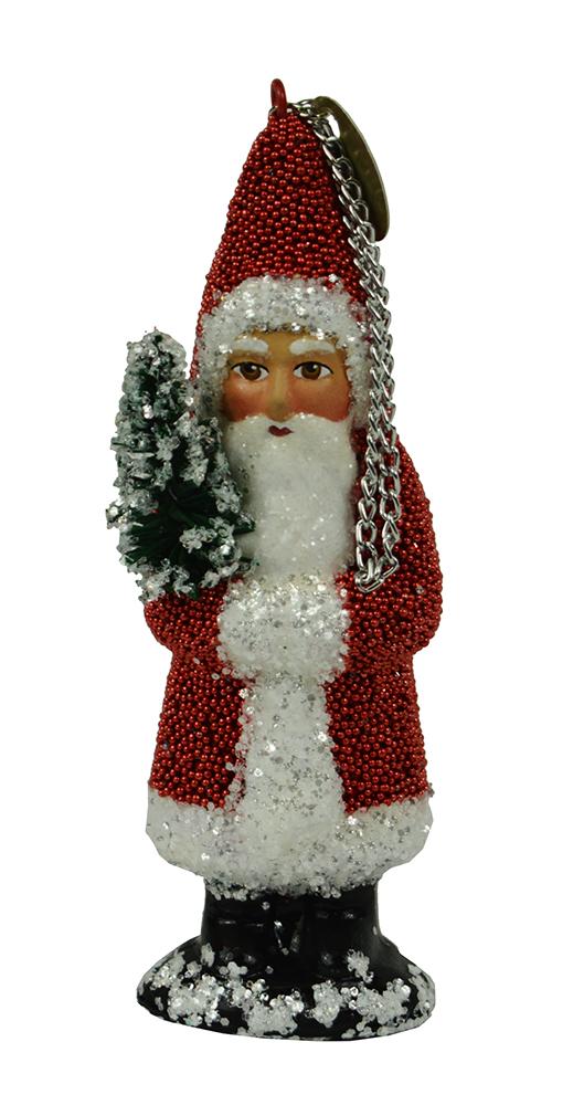 Santa with Tree, Papier Mache Ornament, red beaded with white glitter by Ino Schaller