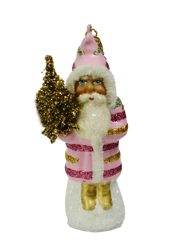 Santa with Tree, Papier Mache Ornament, rose with multi stripes by Ino Schaller