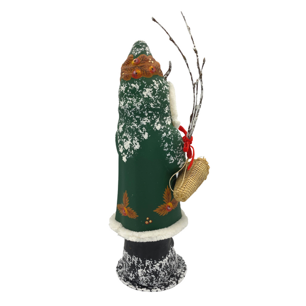 Krampus Candy Container with Mushroom Basket, green with ivory chenille trim by Ino Schaller
