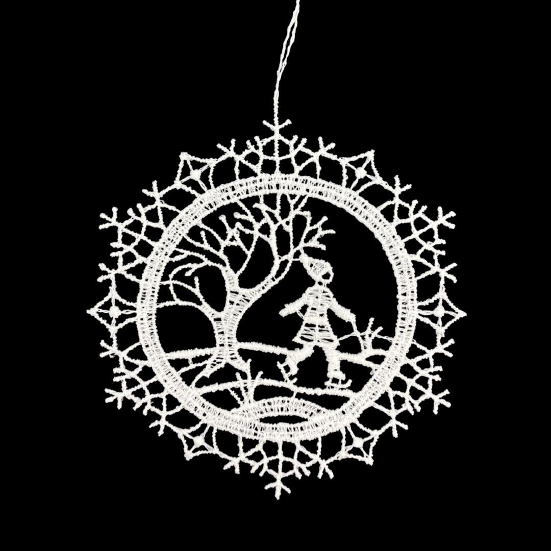 Ice Skating in Snow Star Frame Lace Ornament by StiVoTex Vogel