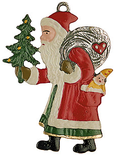 Santa with Bag & Tree, Painted on Both Sides Pewter Ornament by Kuehn