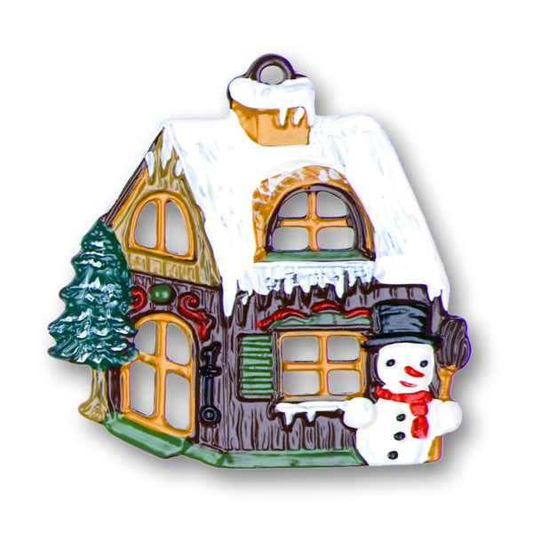 Cabin with Snowman Pewter Ornament by Kuehn