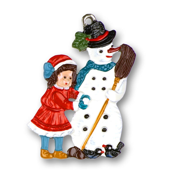Girl with Snowman Ornament by Kuehn Pewter