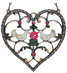 Heart with Doves and Rose Hanging Pewter Ornament by Kuehn Pewter