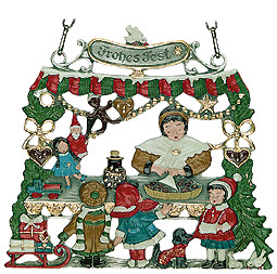 Large Frohes Fest Stand, Painted on One Side, Hanging Pewter Ornament by Kuehn Pewter  Pewter