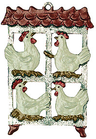 Chickens in Hutch, Painted on Both Sides Pewter Ornament by Kuehn Pewter