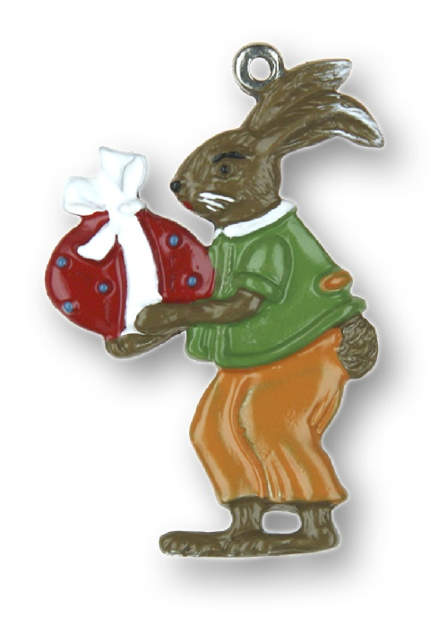 Rabbit Holding Egg Present, Painted on Both Sides Pewter Ornament by Kuehn