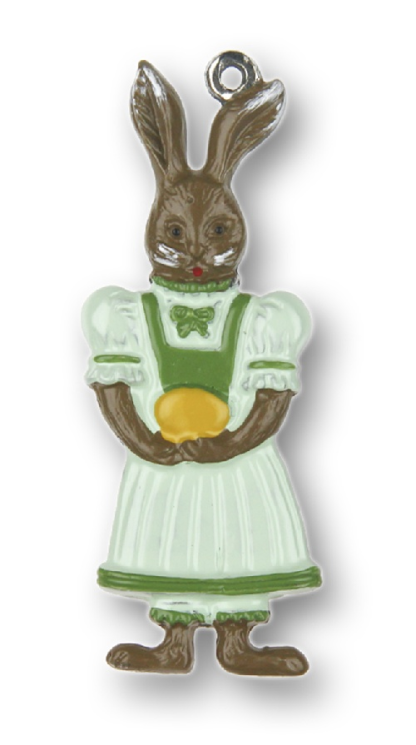 Girl Bunny Holding Green Egg, Painted on Both Sides Pewter Ornament by Kuehn Pewter