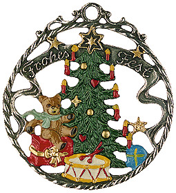 Frohe Fest Tree with Toys, Painted on Both Sides Pewter Ornament by Kuehn Pewter
