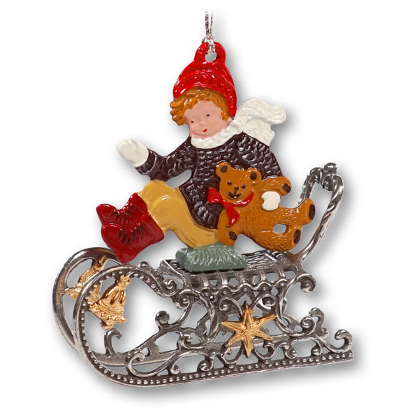 3D Boy with Teddy on Sleigh Ornament by Kuehn Pewter