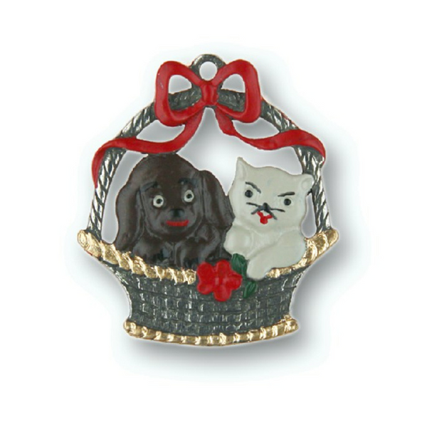 Dog & Cat in Basket Ornament by Kuehn Pewter