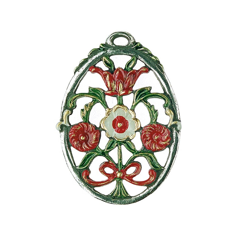 Oval with Red Flowers Ornament by Kuehn Pewter